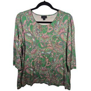 J Jill Wearever Top Womens L Green Tunic 3/4 Sleeve Split Neck Floral Summer